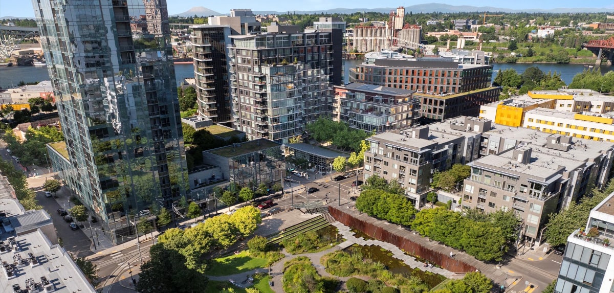 Aerial view of Portland's Pearl District with Tanner Springs Park